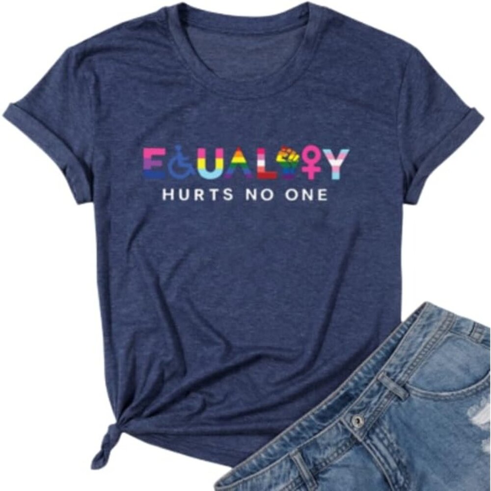 Pride Shirt Equality Hurts No One T Shirt Rainbow Graphic LGBT Size Medium Blue